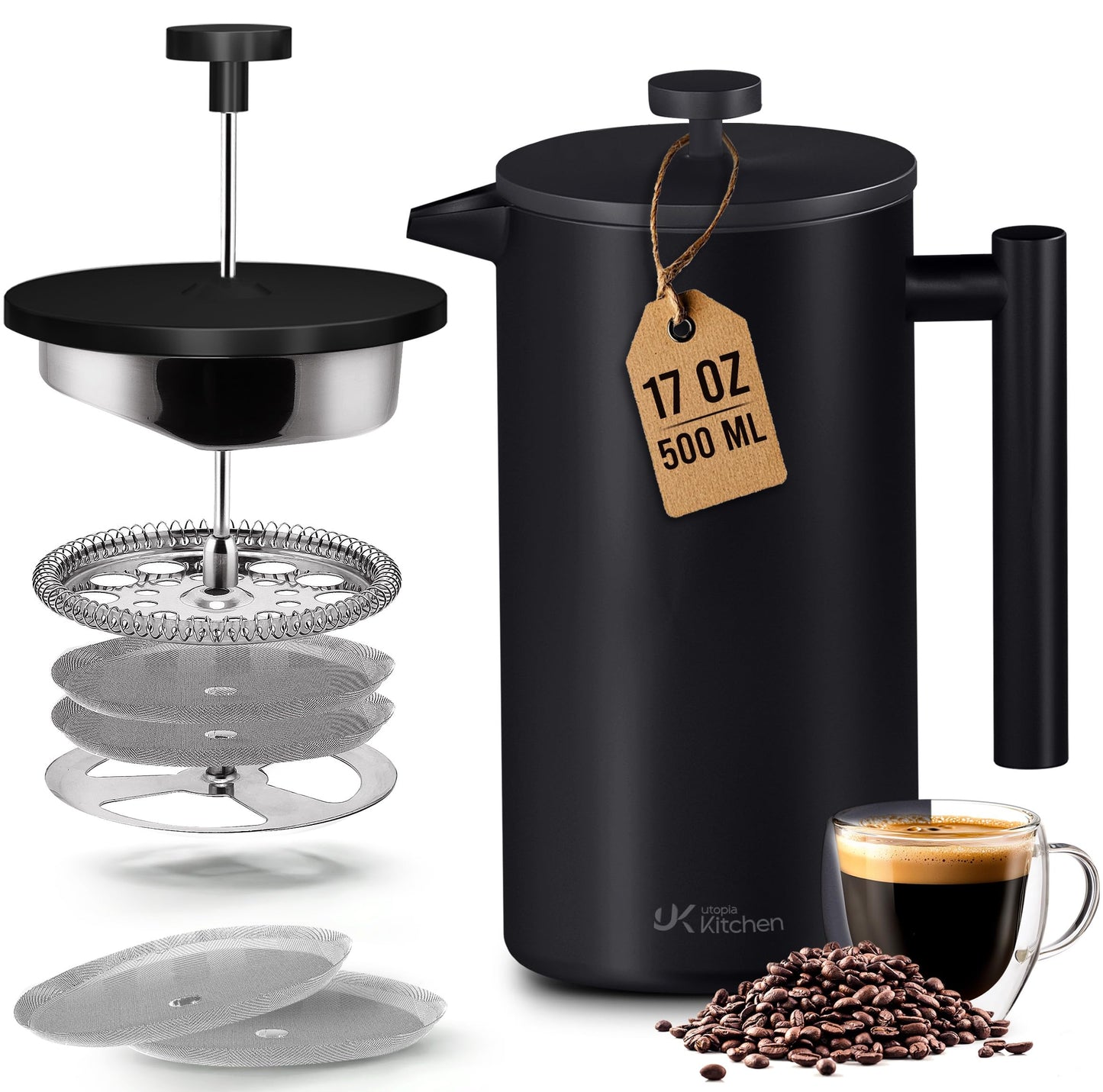 Utopia Kitchen 304 Grade Stainless Steel French Press Coffee Maker 17 Oz, Double Wall Insulated Coffee Press with 4-Level Filtration system, Include 2 Extra Filters, Rust-Free, Black