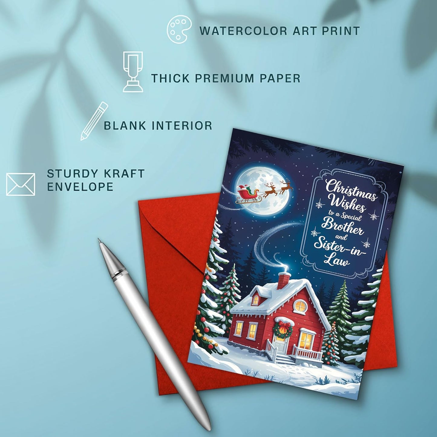 Regine Switzerland Christmas Card - Cozy Winter Cottage Design with Santa Sleigh | Festive Greeting for Brother & Sister-in-Law, 5.3''x8'' with Red Envelope