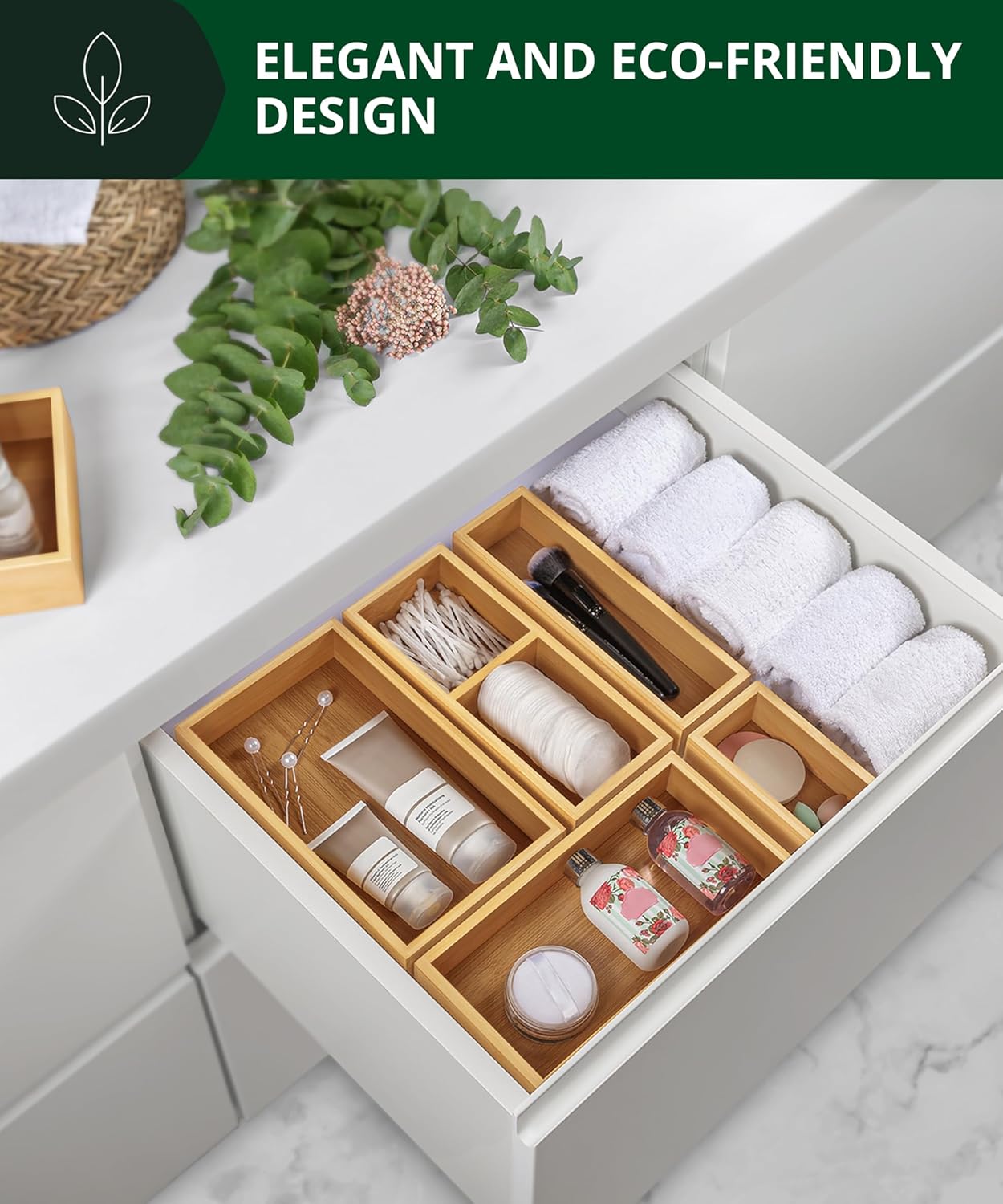 Royal Craft Wood 5-Piece Bamboo Drawer Organizer Set - Versatile Storage Trays for Kitchen, Bathroom & Office