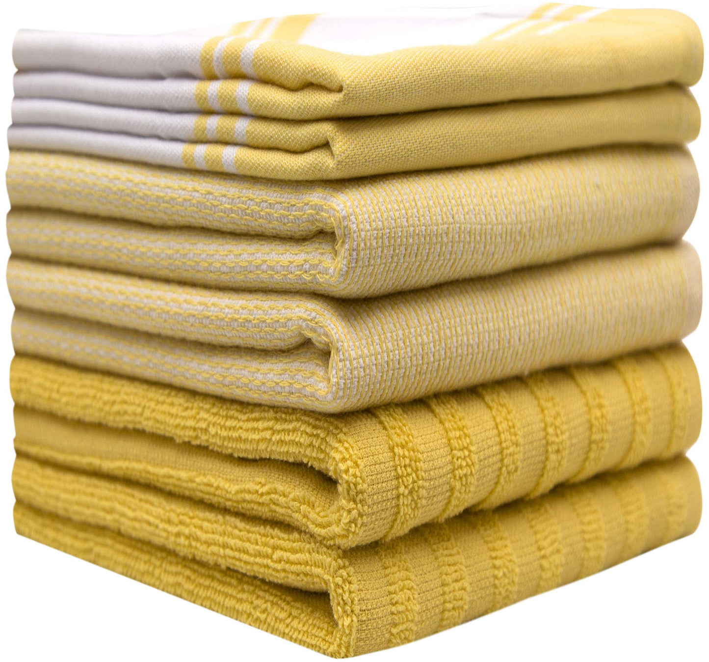Premium Kitchen Towels (20”x 28”, 6 Pack) | Large Cotton Dish Towels | Flat & Terry Highly Absorbent Kitchen Linen Set with Hanging Loop | Wide Stripe Yellow