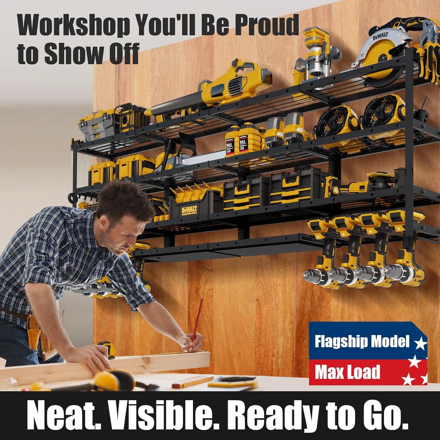 Power Tool Organizer Wall Mount by XLarge - Modular 820lbs Garage Storage Rack with 8 Cordless Drill Holders | 4-Tier Heavy Duty Utility Shelf