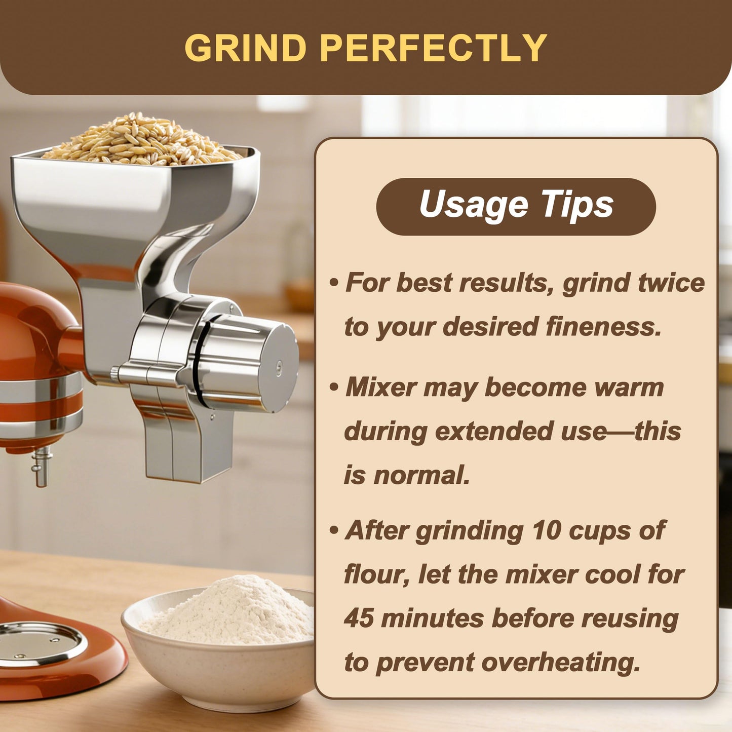 Premium All-Metal Grain Mill Attachment for KitchenAid Stand Mixers, 12-Level Adjustable Flour Mill Grinder for Wheat, Oats, Corn, Rice, Non-Oily Dry Grains - Includes Cleaning Brush