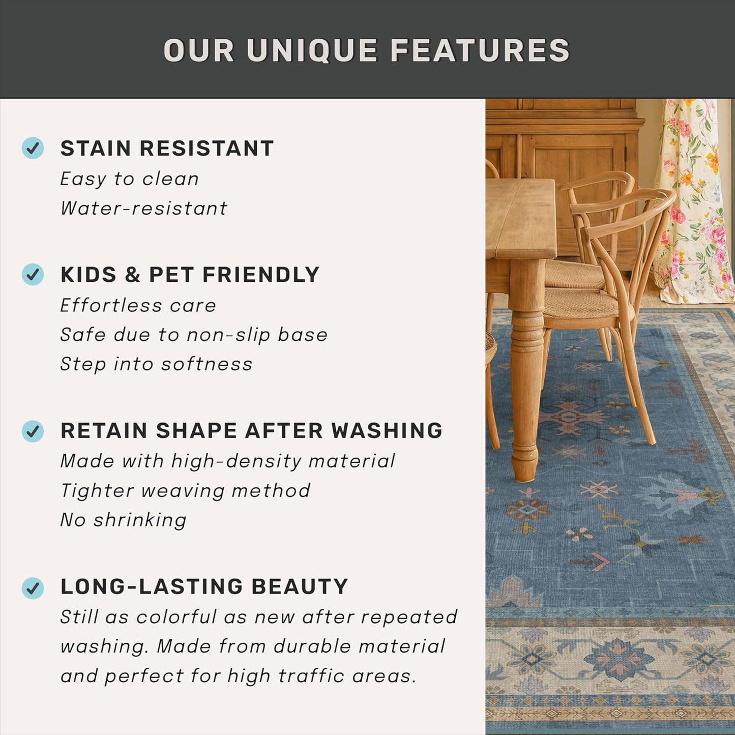 Skiennix Washable 4x6 Area Rug - Stain Resistant Non-Slip Rubber Backing | Unique Floral Design in Light Blue & Aqua
