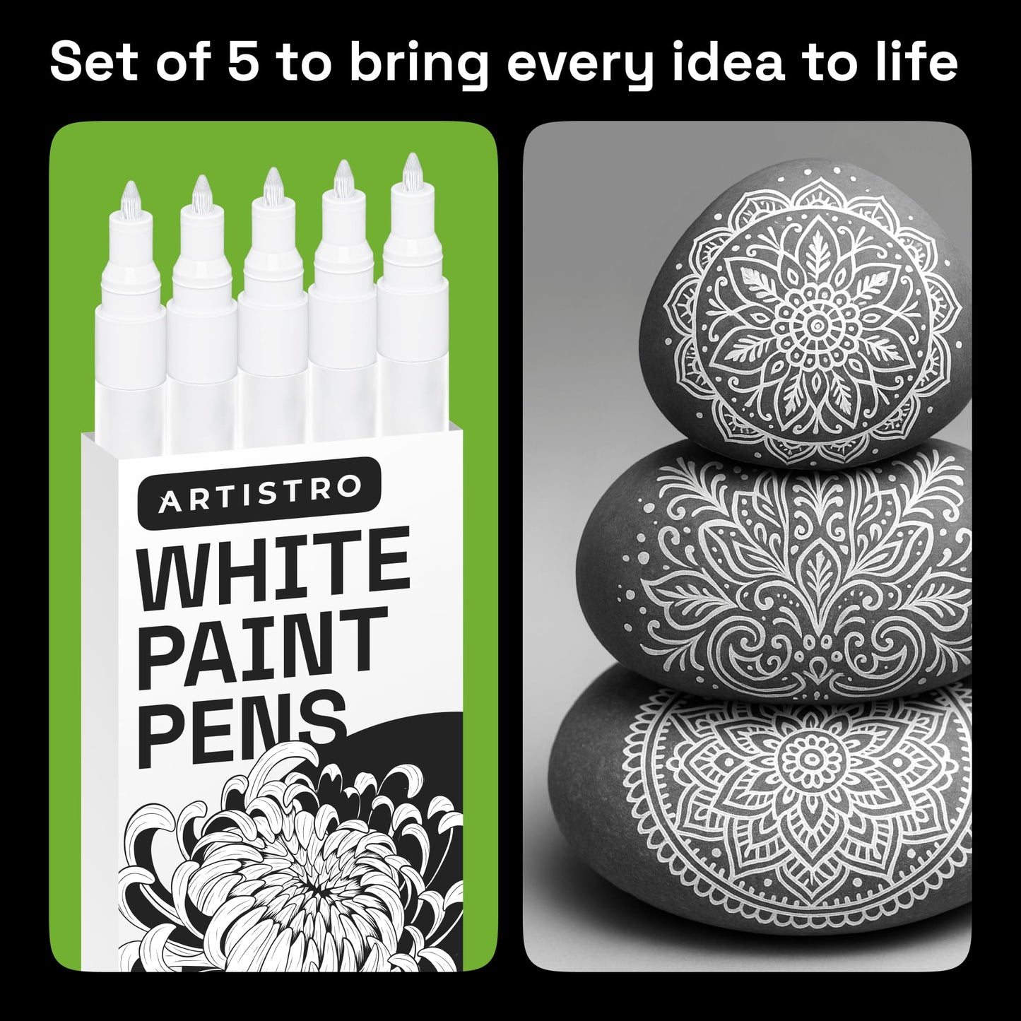 ARTISTRO 5 White Paint Pen for Rock, Glass, Ceramic, Wood, Tire, Fabric, Metal, Canvas, Marking, Painting - Set of 5 Acrylic Paint Markers Water-based
