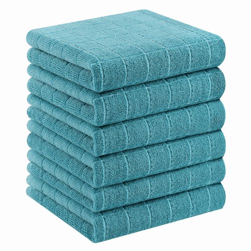 Homaxy 100% Cotton Terry Kitchen Towels(Lake Blue, 13 x 28 inches), Checkered Designed, Soft and Super Absorbent Dish Towels, 6 Pack