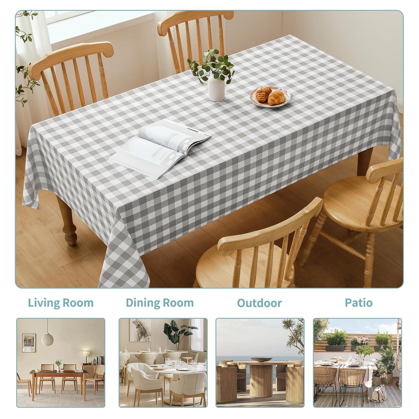 Veblandy Checkered Tablecloth Rectangle Waterproof Gingham Table Cloth Washable Buffalo Plaid Table Cover Wrinkle Free for Kitchen, Dining and Outdoor Picnic, 52 x 70 Inch, Light Grey and White