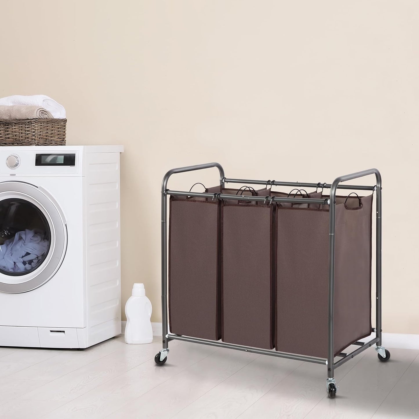 Storage Maniac Laundry Sorter - 3 Section Hamper Cart with Lockable Wheels & Removable Bags | 35.9 Gal, Brown
