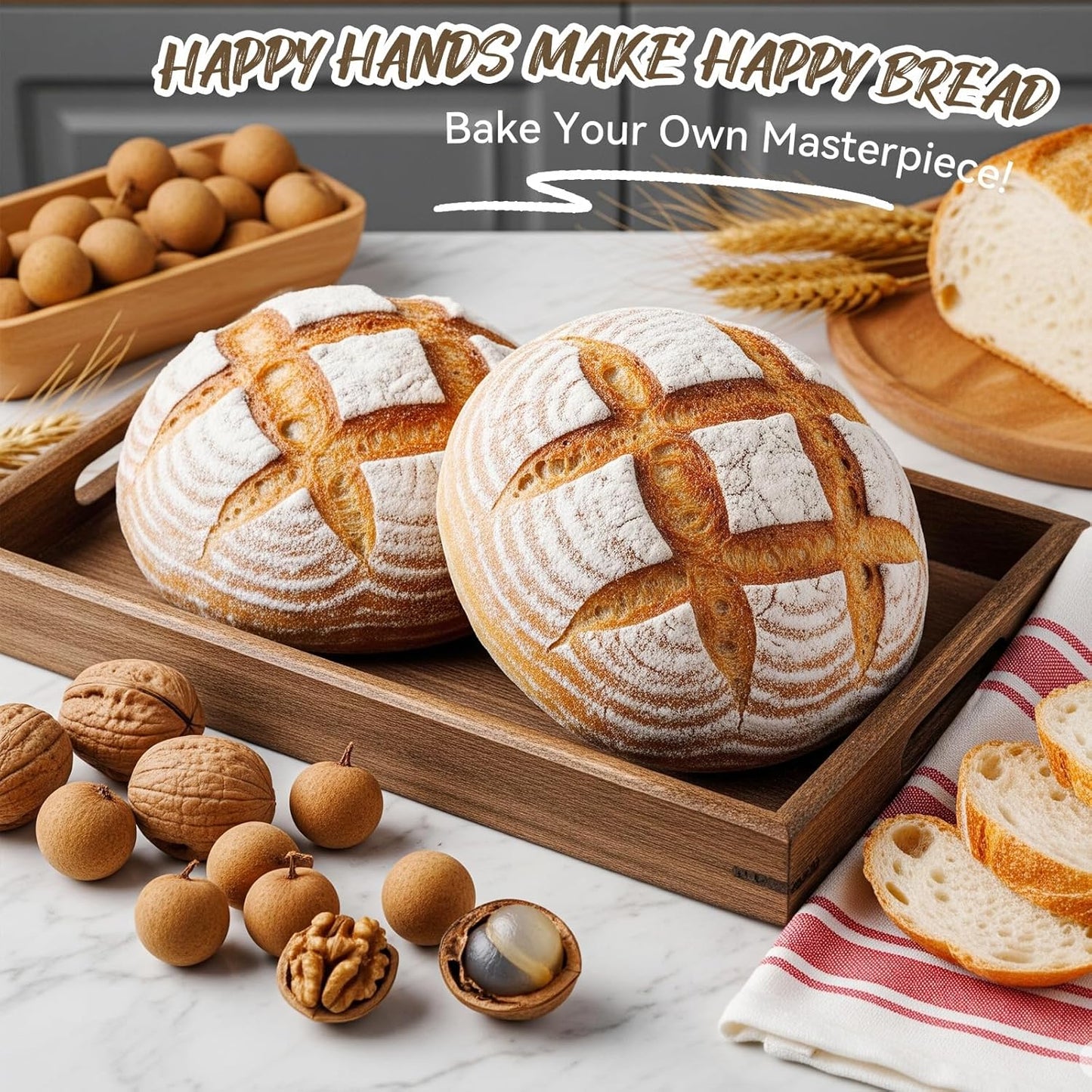 Kikcoin Bread Proofing Basket Set - 9 Inch & 10 Inch Round Sourdough Baskets with Linen Liner & Tools