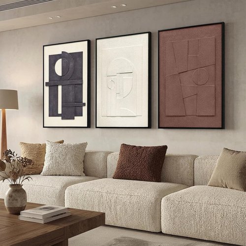 3D Textured Framed Wall Art - Modern Minimalist Neutral Artwork | Geometric Decor for Living Room, 24x36 In