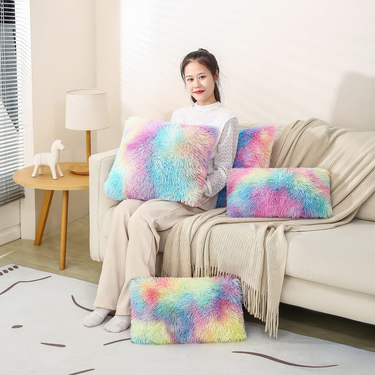Dongchen Soft Fur Faux Fur Throw Pillow Covers Pack of 2 Peach Blush Plush Decorative Tie Dye Pink Throw Girls Pillow Covers Cute Cushion Cases Pillowcases for Sofa Couch Living Room Bedroom