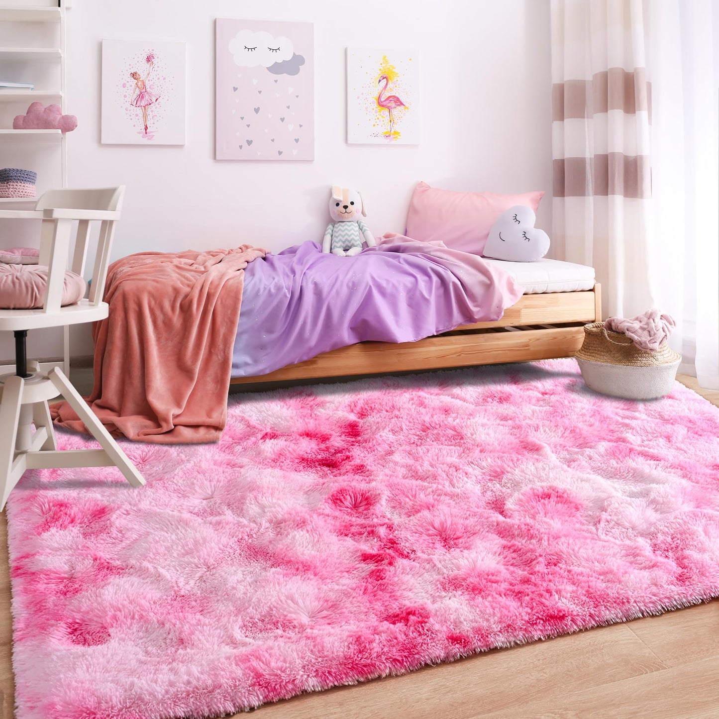 Foxmas Large Area Rugs for Living Room Bedroom 5x8 Feet, Fluffy Kids Room Plush Shaggy Nursery Rug Furry Throw Carpets for Boys Girls, College Dorm Fuzzy Rugs Home Decorate Rug, Tie-Dyed Pink