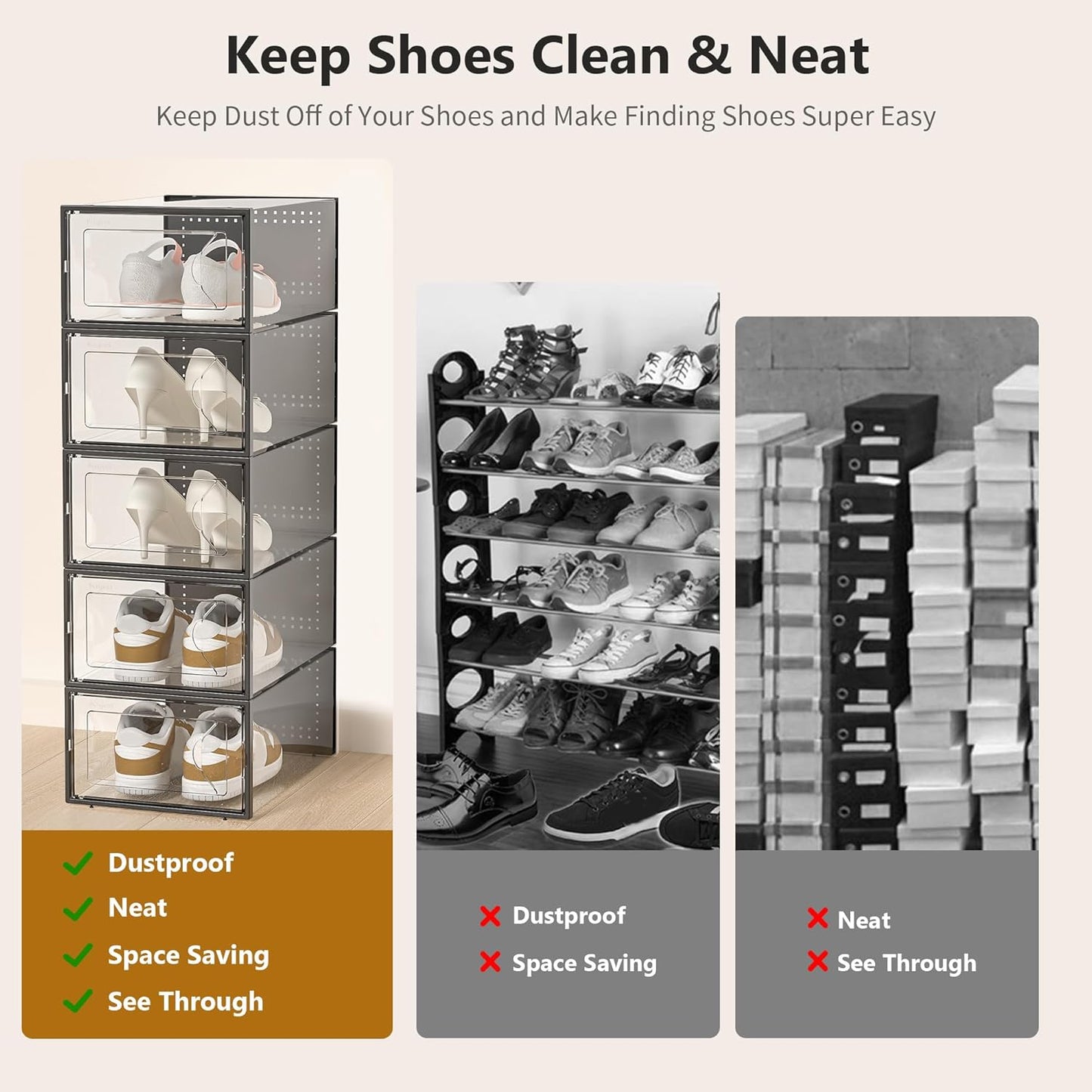 Kuject Shoe Storage Box - Large Crystal Clear Stackable Organizer | Space-Saving 12-Pack Black