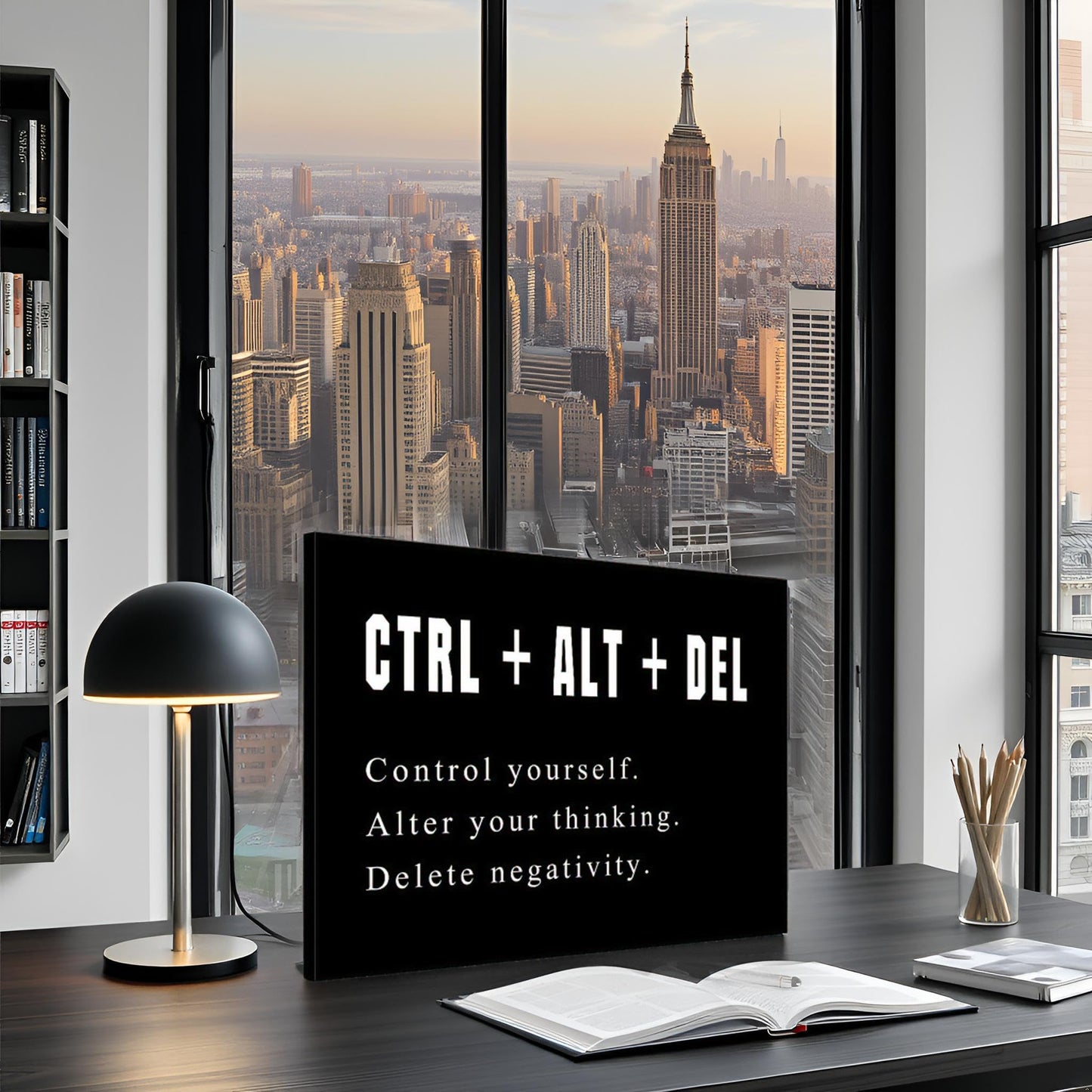 Large Black Motivational Wall Art Artwork Motto Control Alt Delete Office Positive Quotes Canvas Print Inspirational for Office Living Room Home Decor Framed 20x28inch