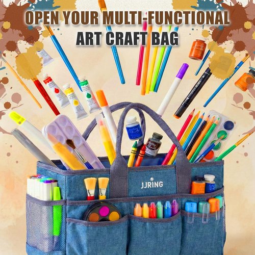 JJRING Large Art Supply Tote Bag - Sturdy Craft Organizer with 2 Mesh Pockets & Elastic Front | Green, Foldable Design