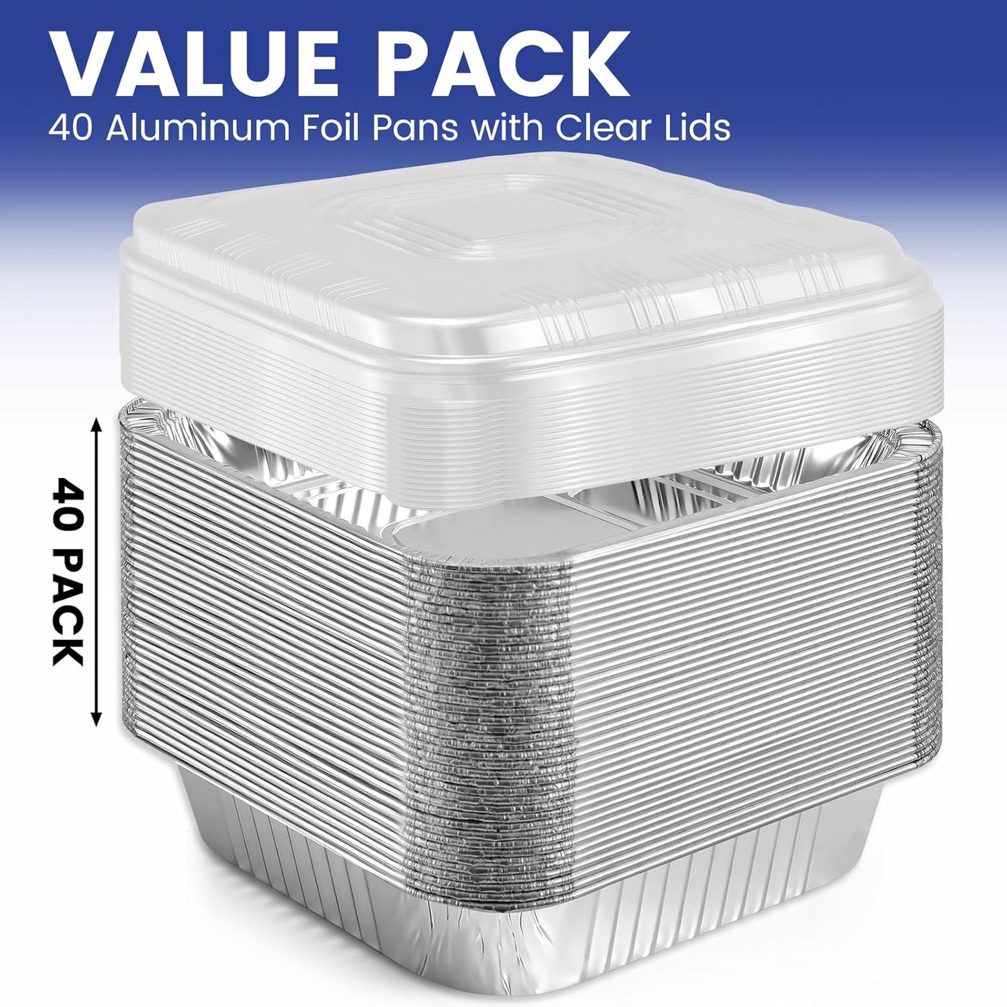 Skiennix 8x8 Aluminum Foil Pans - 40 Pack Disposable Baking Cake Containers with Clear Lids