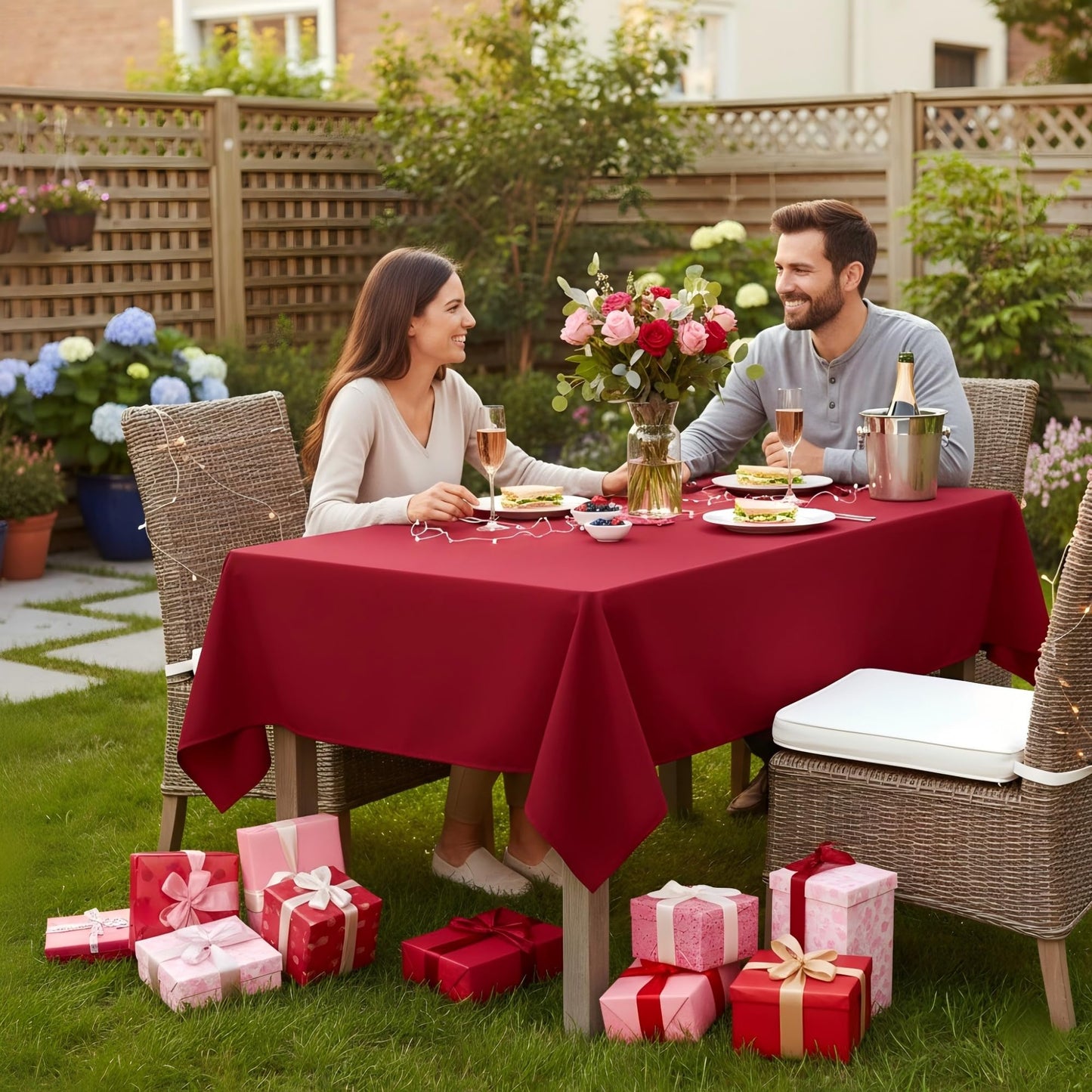 sancua Rectangle Tablecloth - 60 x 84 Inch - Stain and Wrinkle Resistant Washable Polyester Table Cloth, Decorative Fabric Table Cover for Dining Tables, Buffet Parties, Valentine's Day, Red