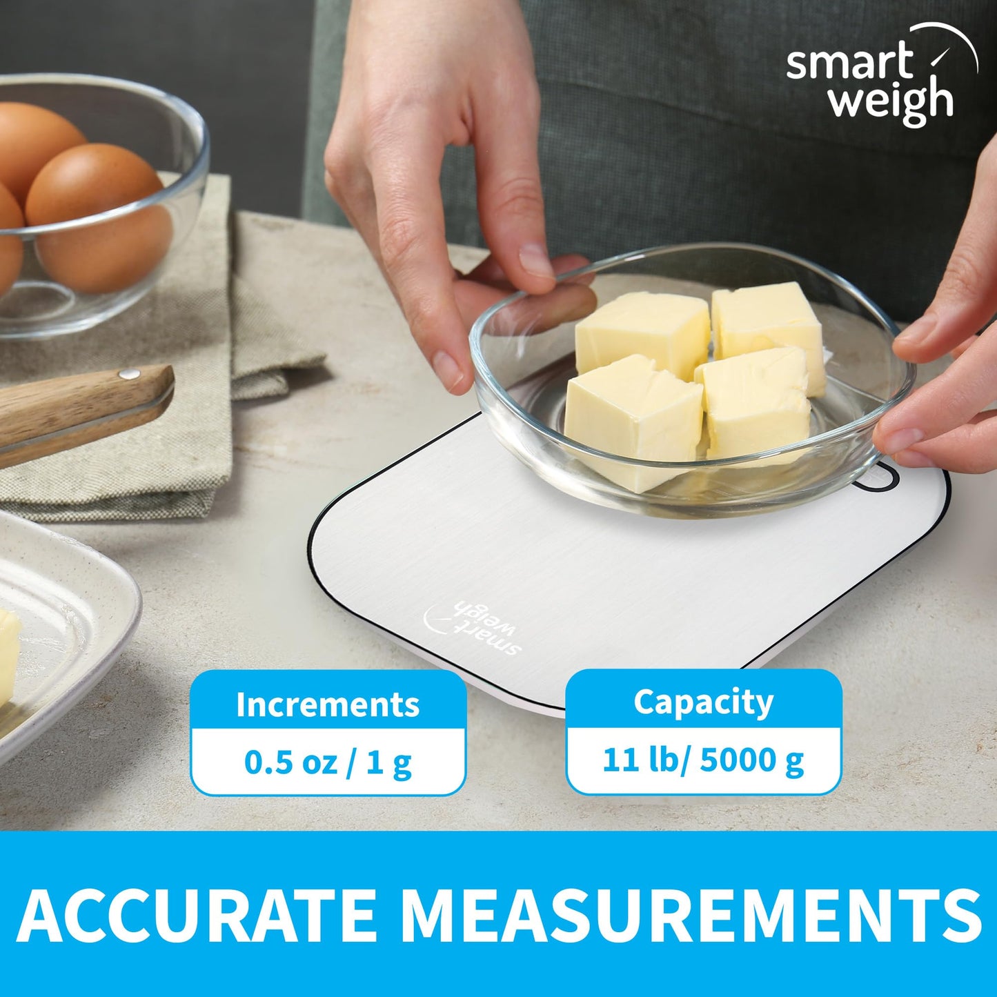 Smart Weigh Stainless Steel Digital Kitchen Scale for Cooking, Weight Loss, Calorie Tracking, Baking, Food Portion Control, and Meal Prep - Accurate Measurements in Grams and Ounces