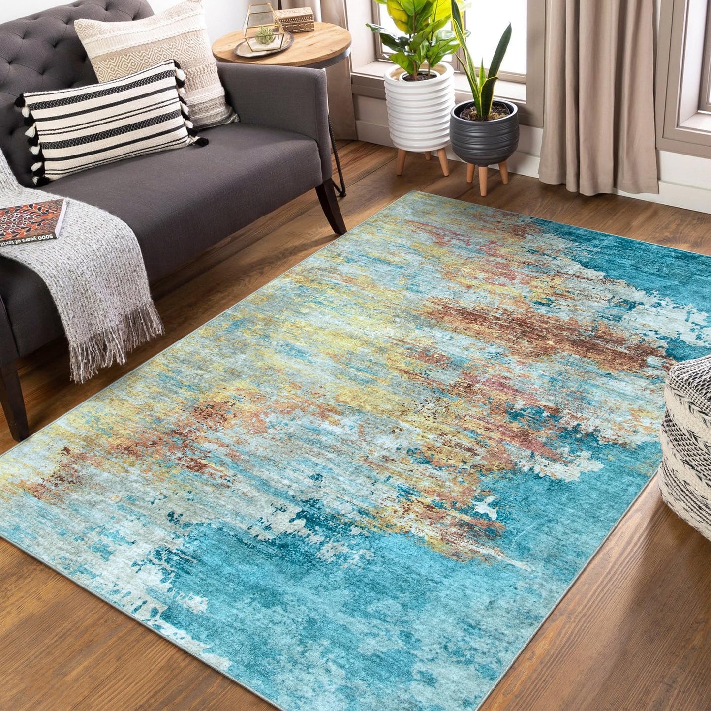 Beeiva Abstract Rug for Bedroom 4x6, Modern Soft Washable Area Rugs Stain Resistant, Ultra Thin Foldable Non Slip Low Pile Carpet for Living Room Dining Room Playroom Office - Yellow/Blue