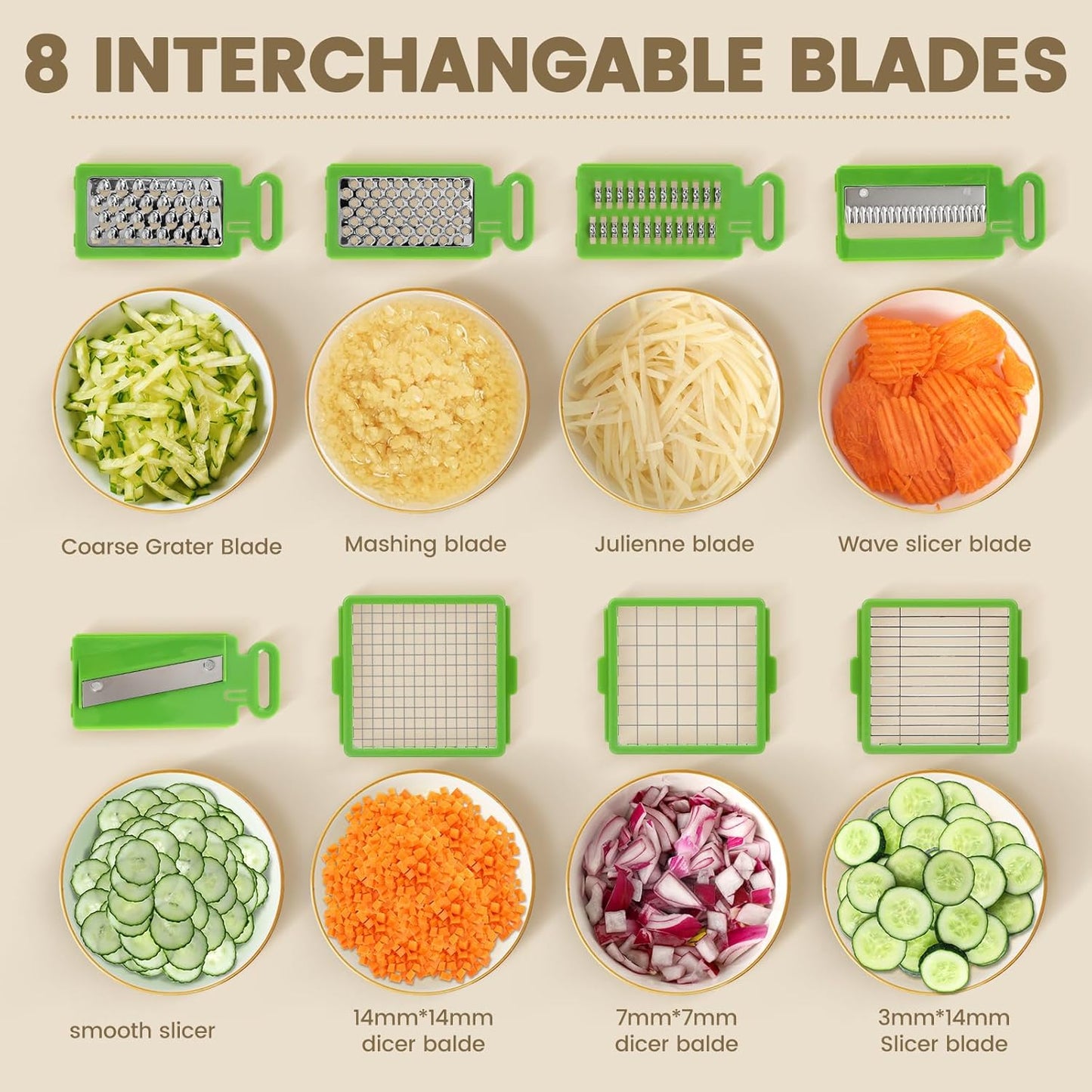 Vegetable Chopper 16-in-1 by [Brand Name] - Multifunctional Kitchen Gadget with 8 Blades & Container for Salad, Coleslaw, Meat, Nuts