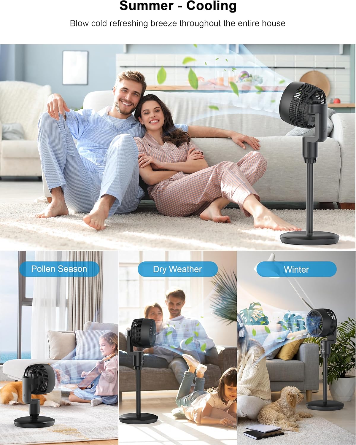 JRD Oscillating Floor Fan - Quiet 70° Pedestal Fan with 6 Speeds & Remote Control | Adjustable 19-38" Height