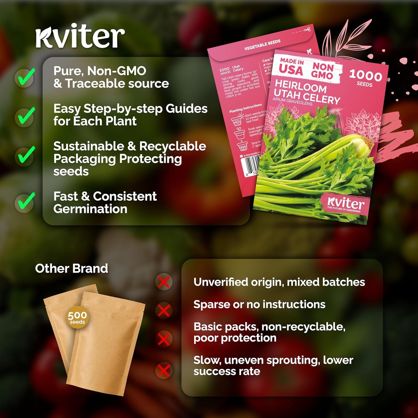 KVITER 1000 Tall Utah Celery Seeds - Non-GMO Heirloom Vegetable Seeds for Indoor & Outdoor Gardens
