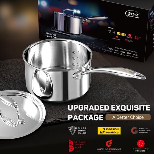 Ciwete 3 Qt Saucepan with Lid - Upgraded Package - 3 Quart 18/10 Stainless Steel Sauce Pan with Mirror Polishing and 2 Sacles, Induction Cookware, Small Pot for Cooking, Dishwasher Safe Oven Safe