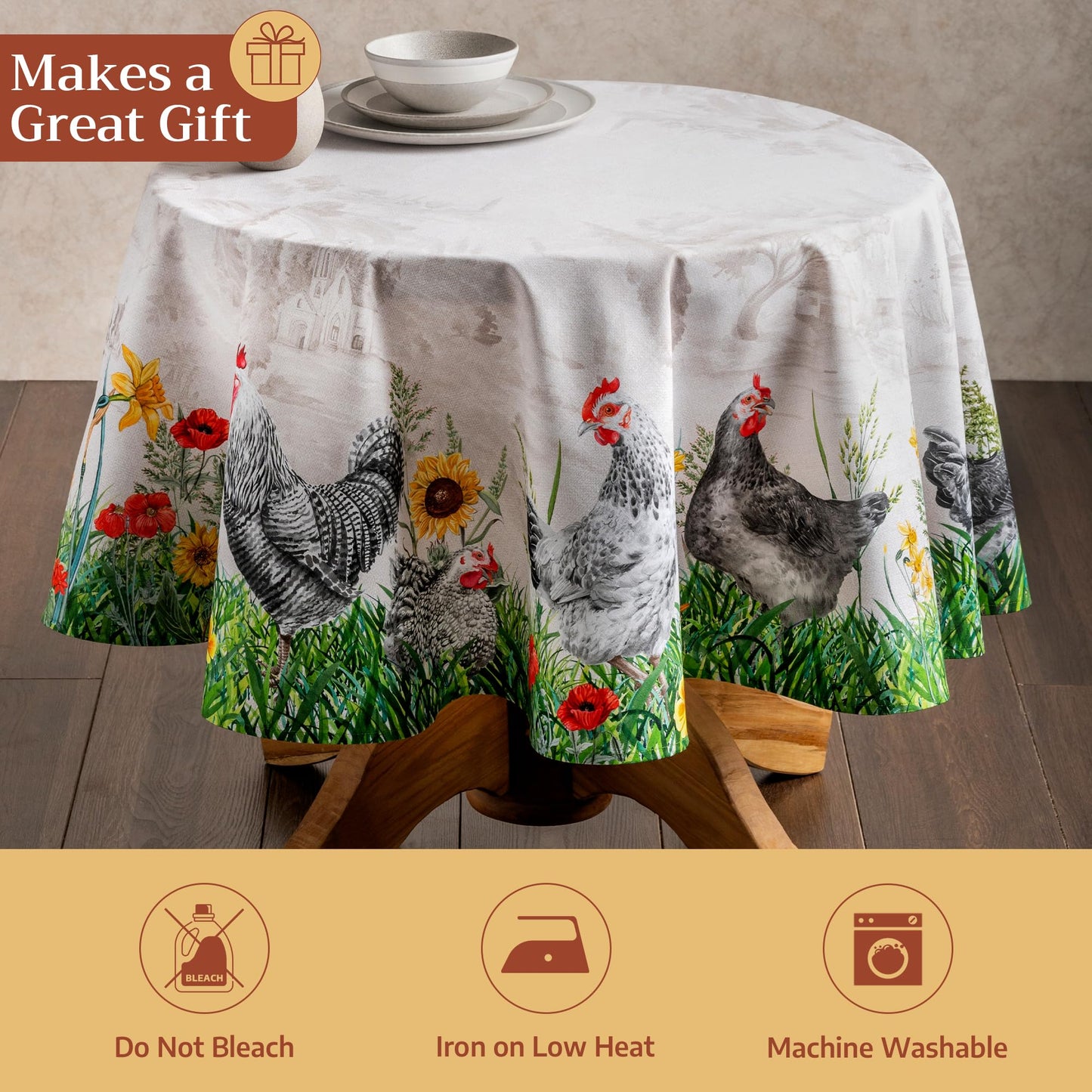 Maison d' Hermine Table Cloth Round Table 100% Cotton 69 Round Inches Tablecloth Reusable Decorative for Dining Kitchen Room Farmhouse Home Gifts for Mothers Day Spring Summer - Basse Cour