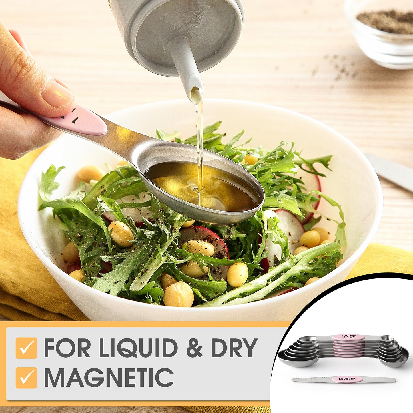 Spring Chef Stainless Steel Magnetic Measuring Spoons Set of 8 with Leveler, Dual Sided Teaspoon & Tablespoon Measuring Spoons with Strong Magnets, Kitchen Gadgets for Baking & Cooking - Pink Lemonade