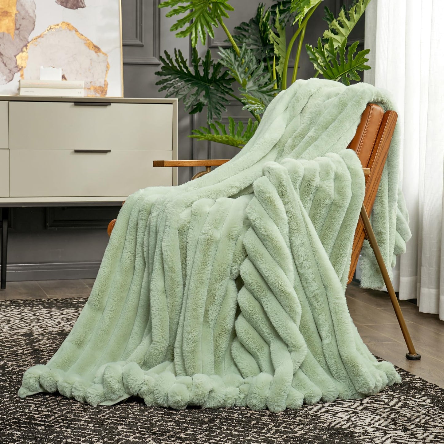 Cozy Bliss Faux Fur Throw Blanket for Couch, Cozy Warm Plush Striped Blanket for Sofa Bedroom Living Room, 50 * 60 Inches Sage Green
