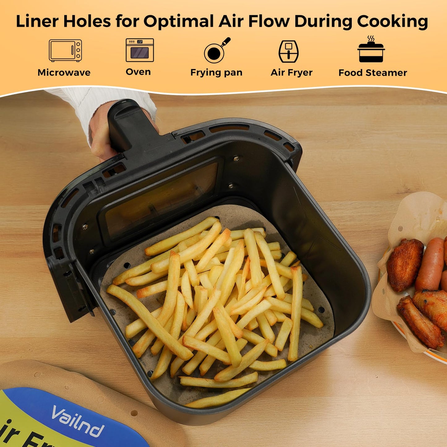 Vailnd Air Fryer Liners Disposable, 100pcs 8.5In Square Parchment Paper Sheets Unbleached, Perforated Food Steamer Liner for 5-8 Qt Air Fryers Baking Cooking Oven