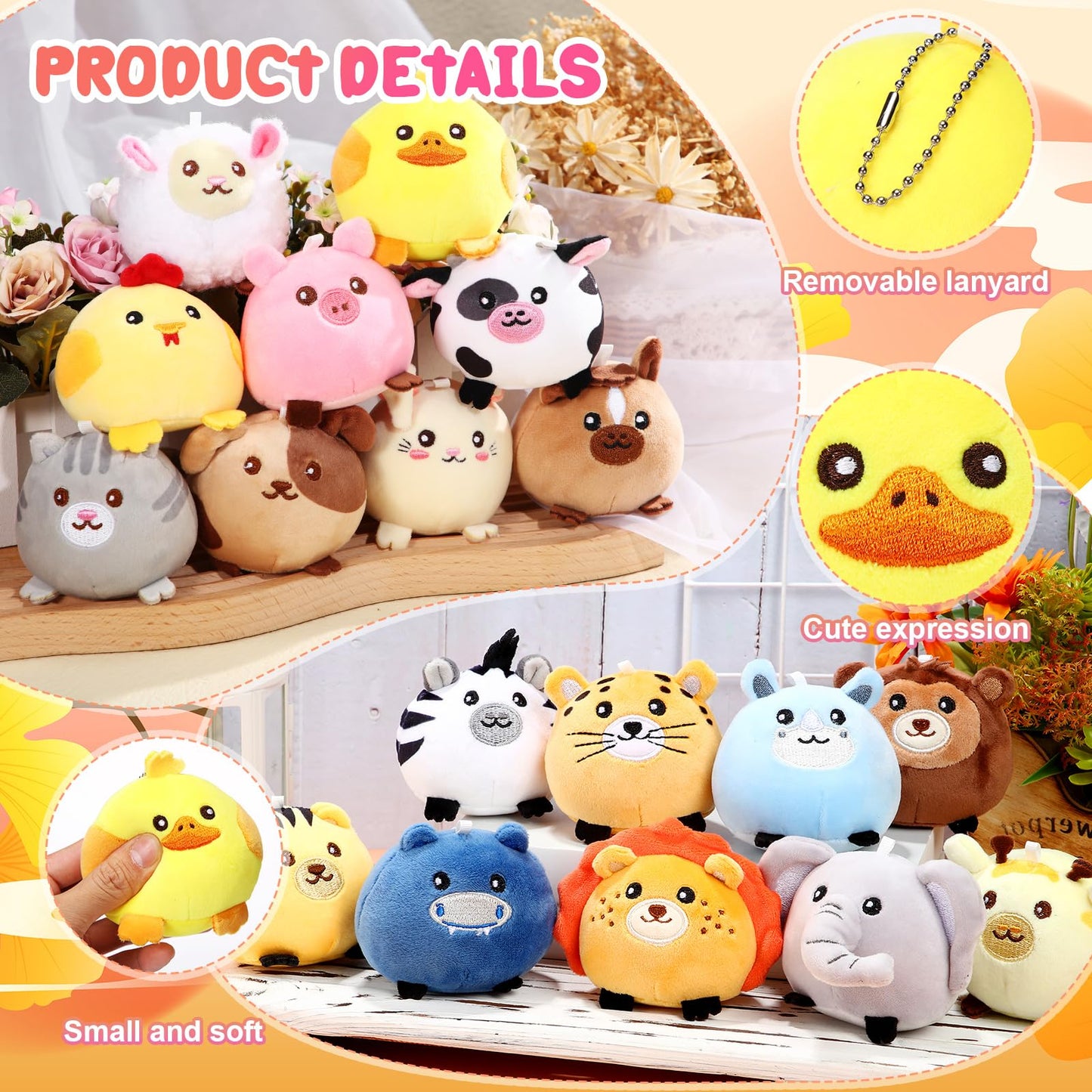 Halloscume 18 Pcs Mini Stuffed Animals Bulk 3.15 Inch Small Plush Farm Jungle Animal Ornament Set for Valentine's Day Exchange School Prizes Easter Egg Fillers Basket Stuffers Birthday Party Favors