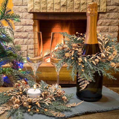 Cindeer Christmas Candle Rings - 6 Pcs Gold Wreaths with Artificial Berries | 8.4 Inch Centerpiece Decor