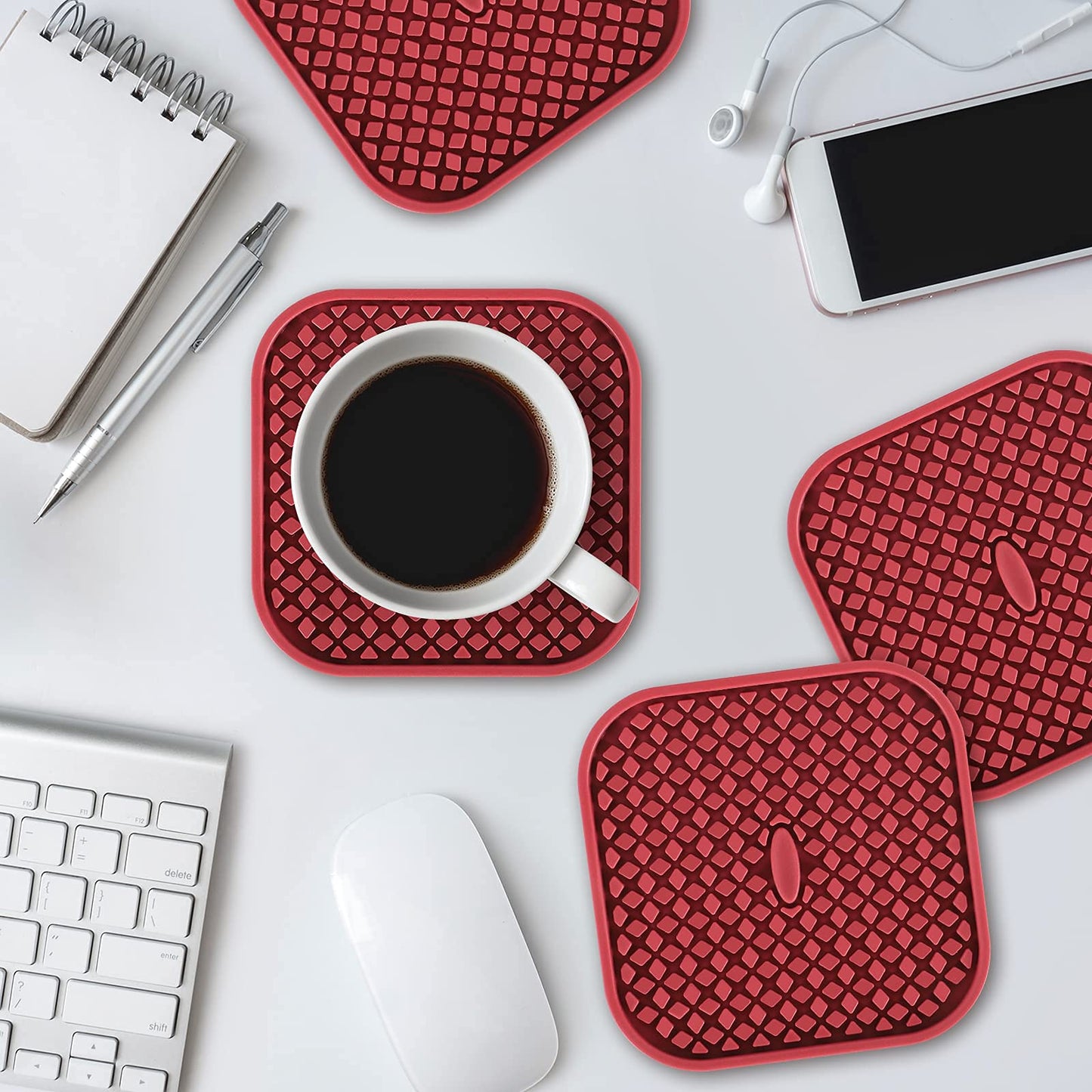 ME.FAN Silicone Coasters with Holder [6 Pack] Square Drink Cup Mat - Non-Slip, Non-stick, Stay Put, Deep Tray - Prevents Furniture and Tabletop Damages Wine Red