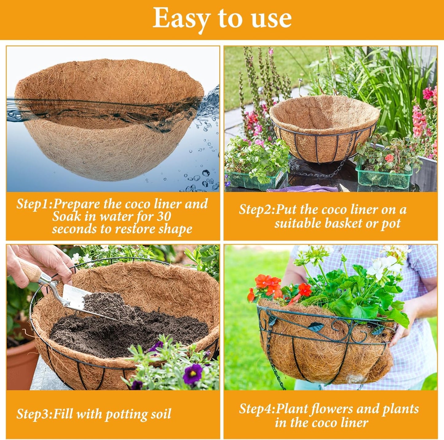 Legigo 8-Inch Coco Fiber Hanging Basket Liners - 4 Pack of 100% Natural Round Planter Inserts