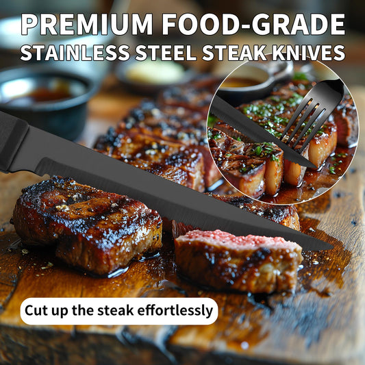 60-Piece Black Silverware Set with Steak Knives Black Stainless Steel Flatware Set for 10 Food Grade Tableware Cutlery Set Rust-proof, Mirror Polished, Dishwasher Safe
