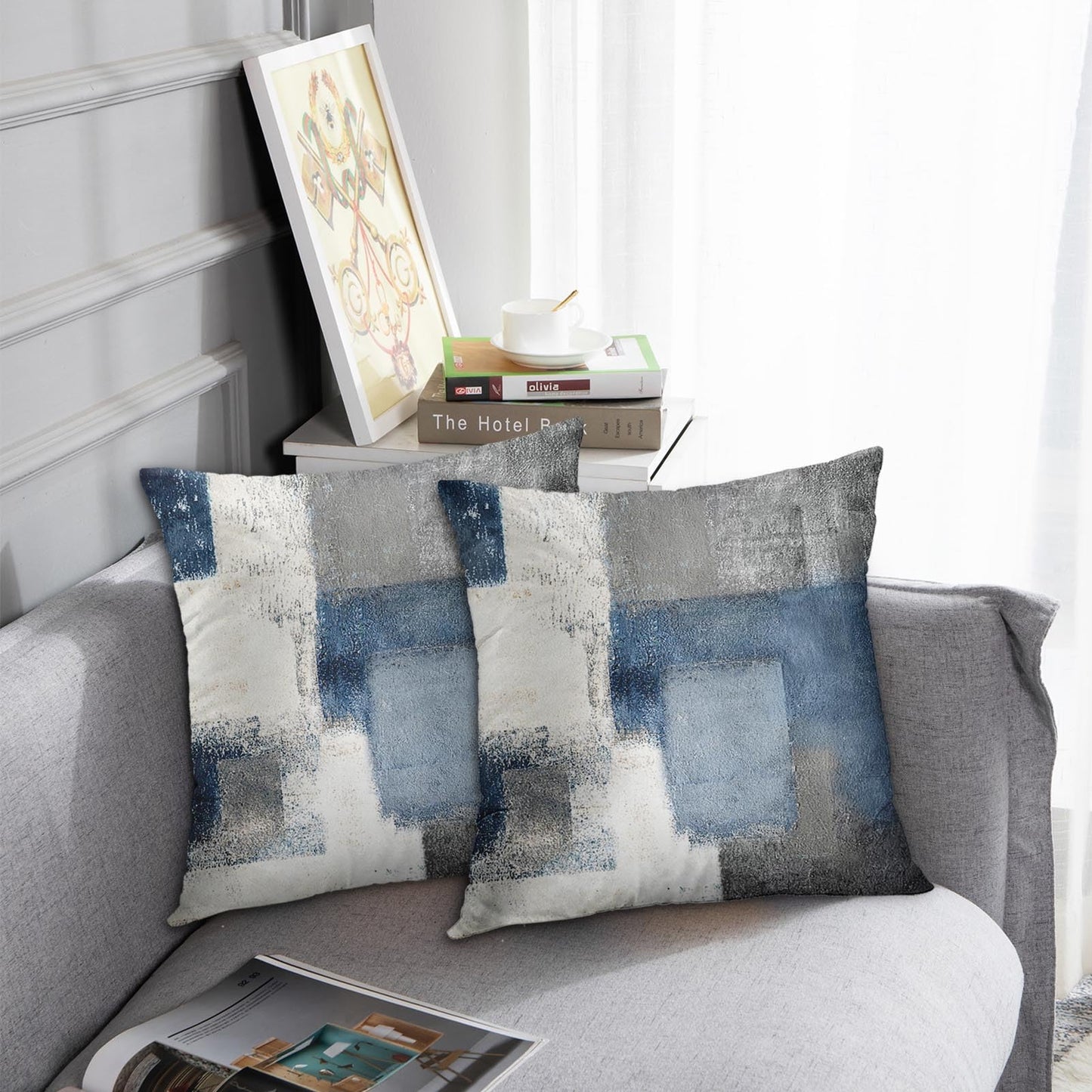 Taysta 2PC Lumbar Decor Throw Pillow Covers Blue and Grey Cushions Rectangle Design Abstract Art Painting Style Modern Contemporary Home Decorative Cushion Pillow Cases 18" x 18" Pillowcases