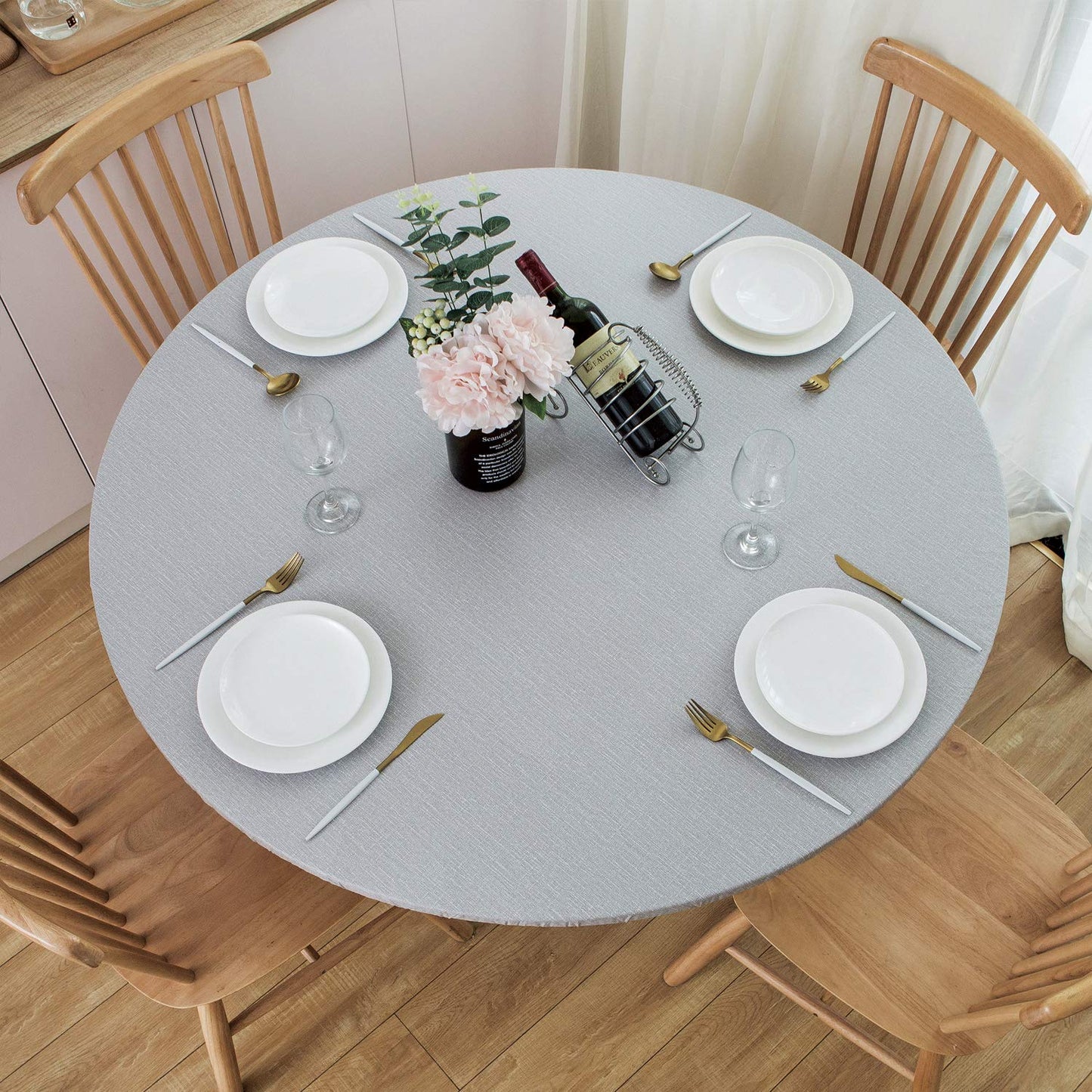 NLMUVW Round Tablecloth Vinyl with Elastic Edge Flannel Backing, Fitted PVC Table Cloth Waterproof Wipe Clean Table Cover for Picnic Party Outdoor, Light Grey, 40"- 44"