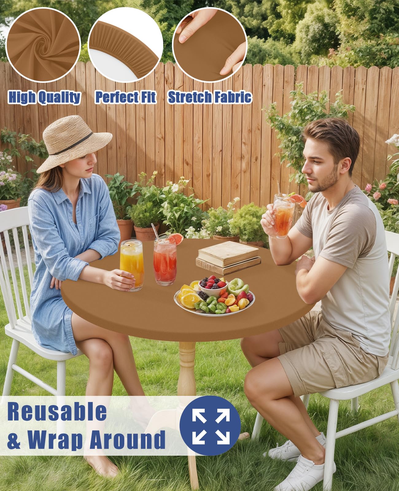 Moosfor Round Spandex Tablecloth, Elastic Fitted Waterproof Tablecloths for 25"-30" Tables, Stretch Washable Picnic Table Cover for Camping, Dining, Indoor and Outdoor,Brown