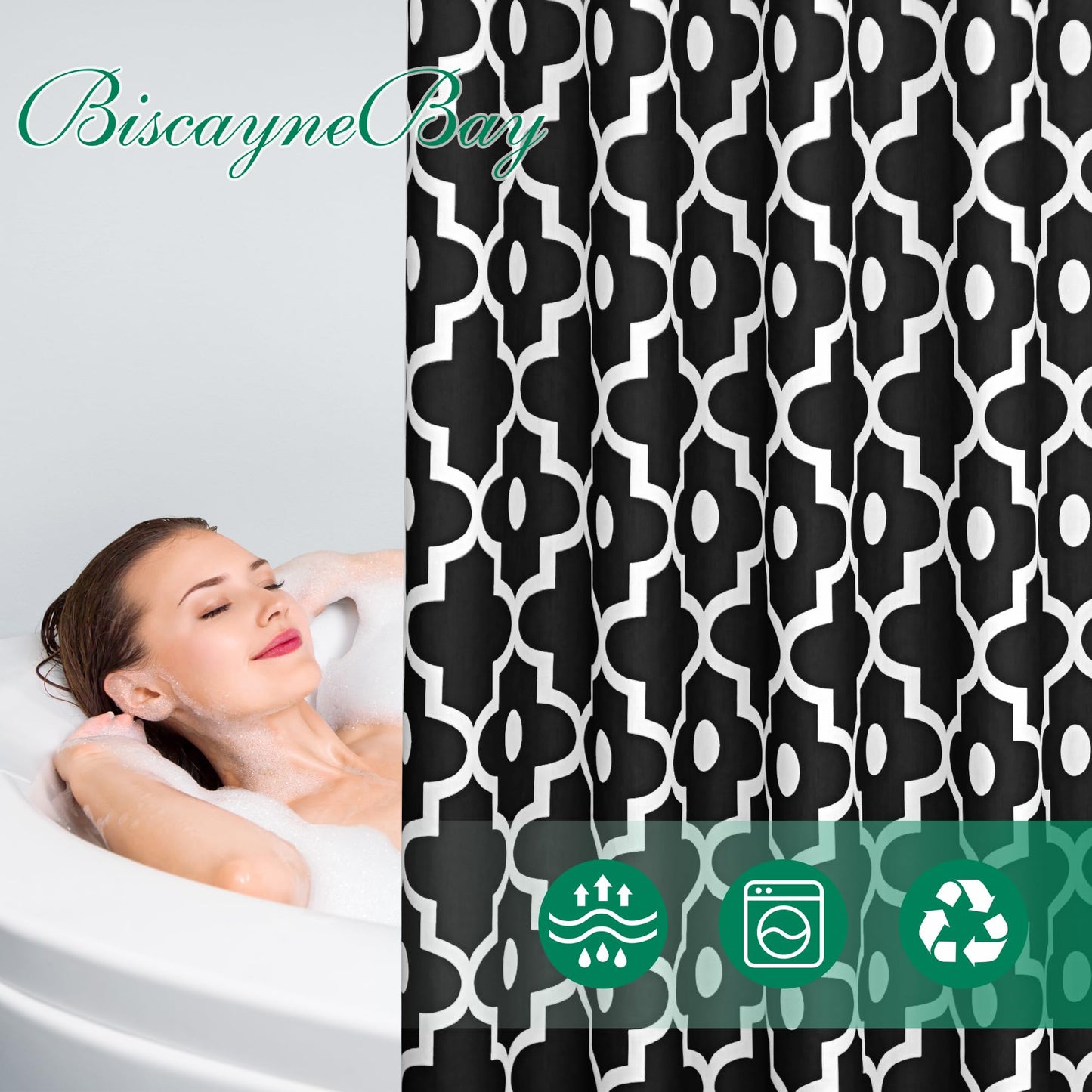 Biscaynebay Textured Fabric Shower Curtains for Bathroom 72" X 72", Black Morocco Pearl Printed Linen Modern Hotel Luxury Quality Cloth Bath Curtains Machine Washable