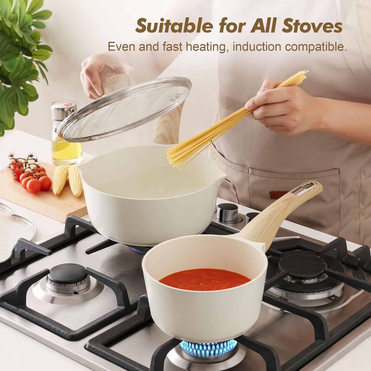 SENSARTE Ceramic Nonstick Sauce Pan - 1.5 Quart White Cooking Pot with Stay Cool Handle | PFOA Free