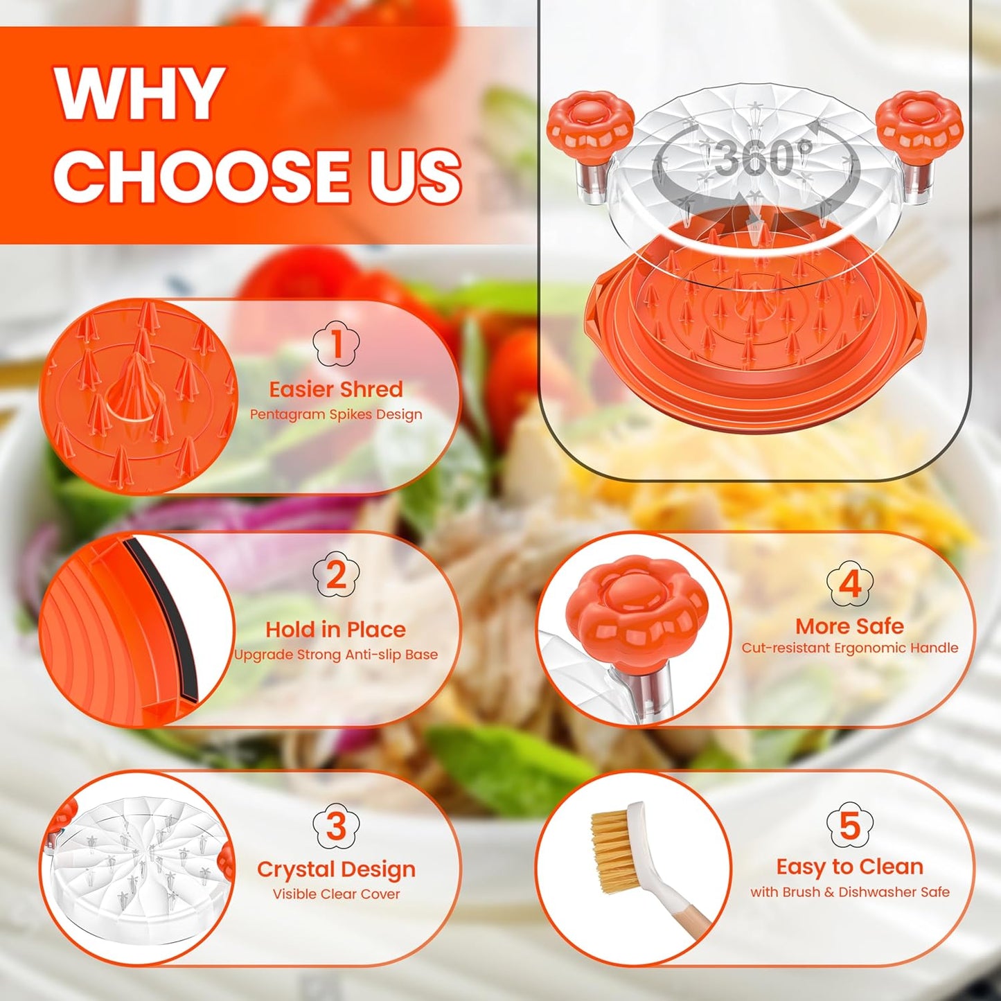 Skiennix Chicken Shredder Tool - 10'' Pro Meat Shredder with Ergonomic Handle & Anti-Slip Grip | BPA-Free Orange