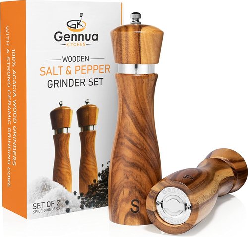 Gennua Wooden Salt and Pepper Grinder Set - Refillable Acacia Mills with Adjustable Coarseness | 8 Inches Each