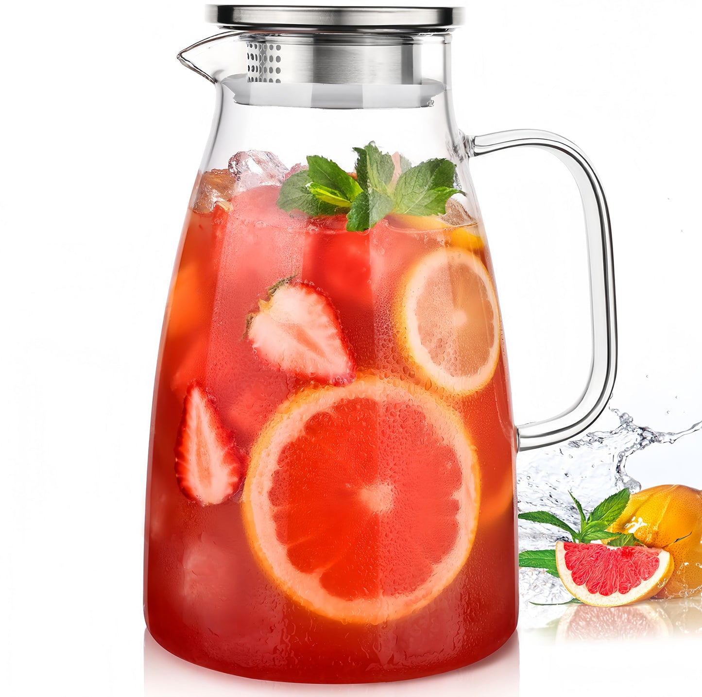 Potdoctor Glass Pitcher with Lid, 2 Liter 68oz Water Pitcher with Handle and Spout for Fridge, Borosilicate Glass for Iced Tea, Juice, Sangria, Cold/Hot Beverage, Large Jug