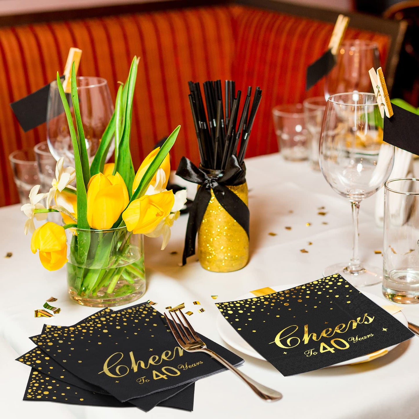 durony 60 Pieces Cheers to 40 Years Paper Napkins Black Gold Foil 3-Ply Party Napkins Folded 5 x 5 Inch Cocktail Napkins for 40th Anniversary Birthday Retirement Party Supplies Decorations