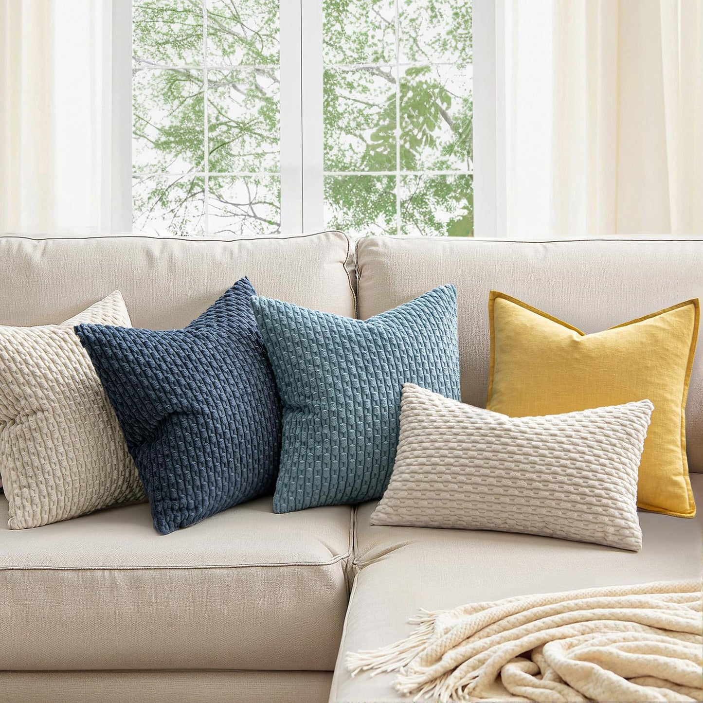MIULEE Decorative Throw Pillow Covers - Soft Boho Striped Corduroy | 18x18 Inch Cream White Set of 2