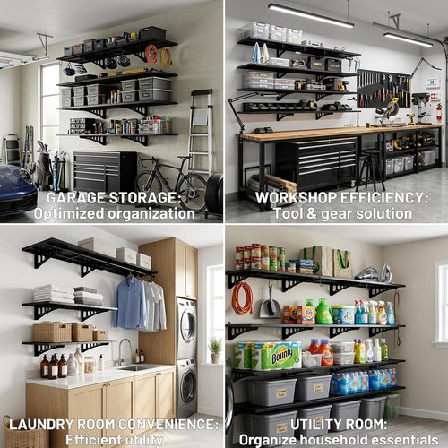 Garage Wall Shelving by [Brand Name] - 1.5x4ft Heavy-Duty Metal Rack | 500 Lbs Capacity, Complete Install Kit & Hooks, Black