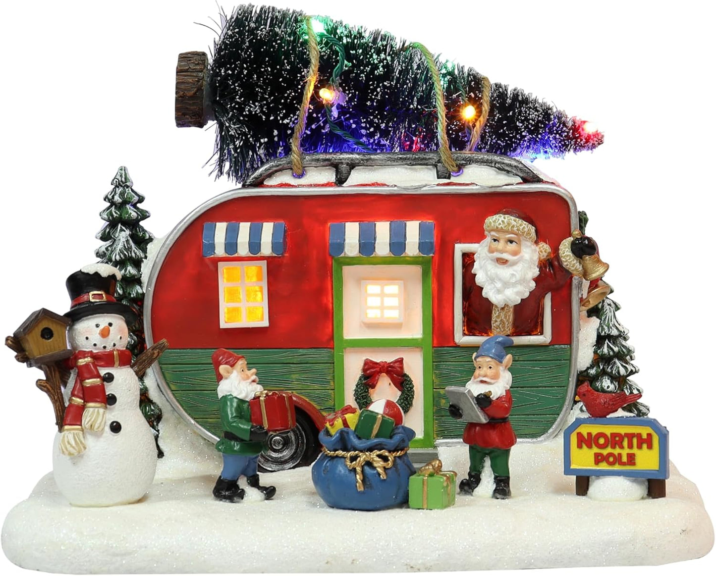 Moments In Time Lighted Santa Trailer Christmas Village Camper Scene - 7.3” Hand-Painted with LED Lights & Music