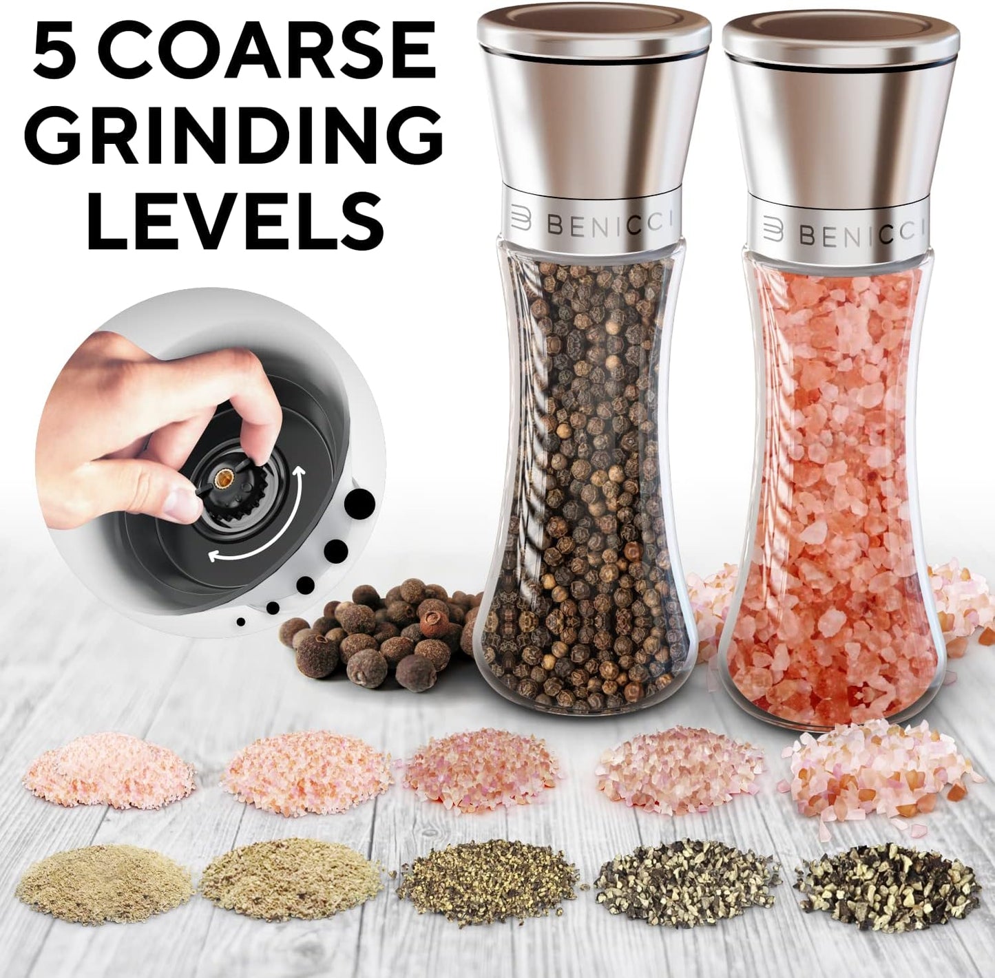 Premium Salt and Pepper Grinder Set - Refillable Stainless Steel Shakers with Adjustable Coarse Mills | Easy Clean Ceramic Grinders