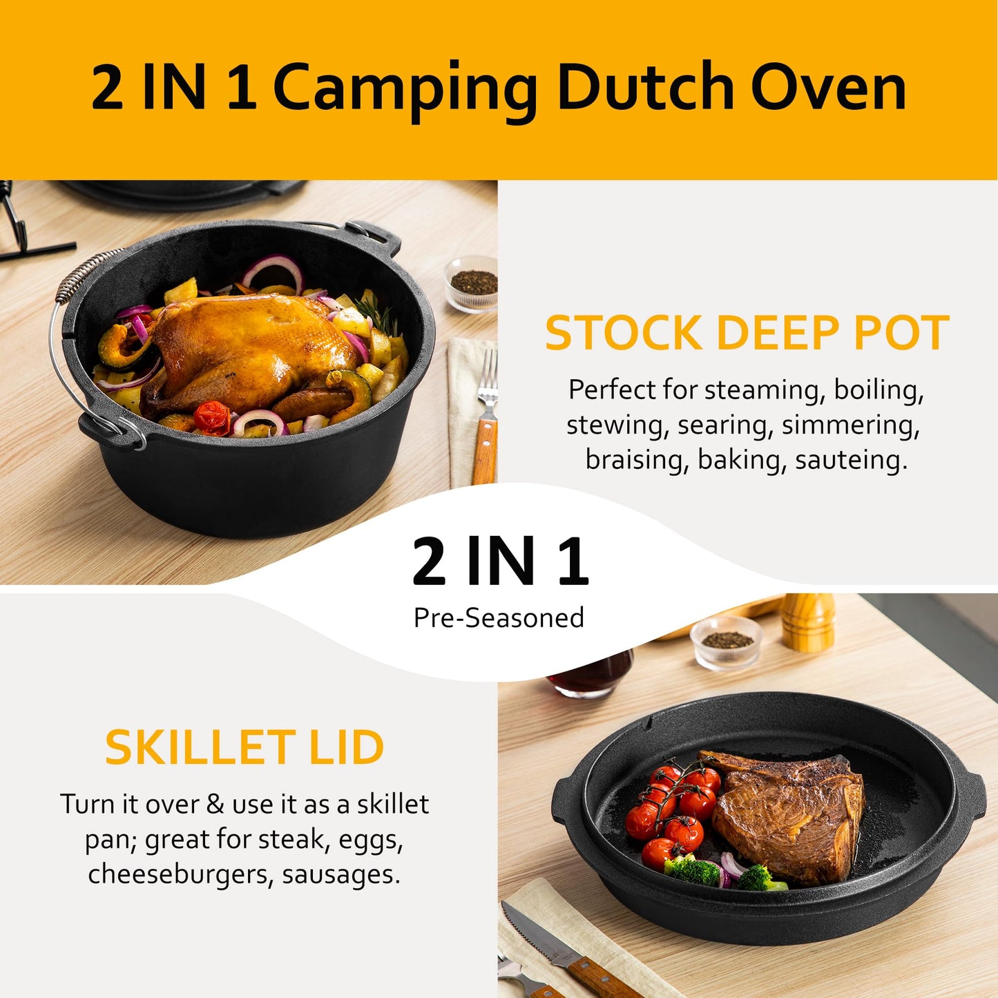 Velaze 10QT Camping Dutch Oven, Pre-Seasoned Cast Iron Camp Dutch Oven Pot with Lid, for Use in the Oven, on the Stove, Grill, or over the Campfire - Metal Handle, Lid Lifter, and Stand Support