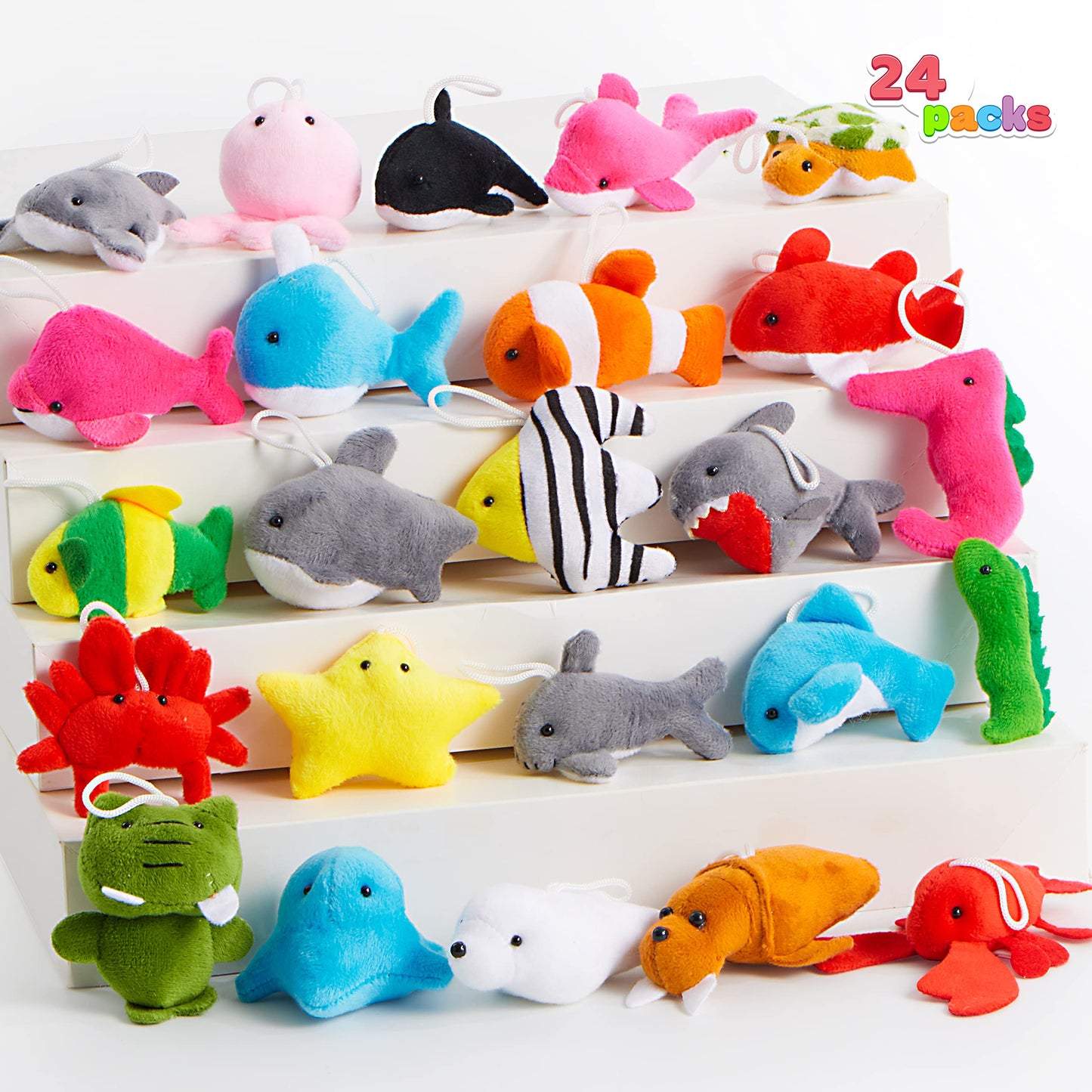 JOYIN 24 Pcs Mini Sea Animal Plush Toys (24 Units 3" Each), Stuffed Sea Animal Bulk for Kids Birthday Party Favors, Pinata Fillers, Goodie Bag Fillers, School Prizes,Carnival Party Supplies